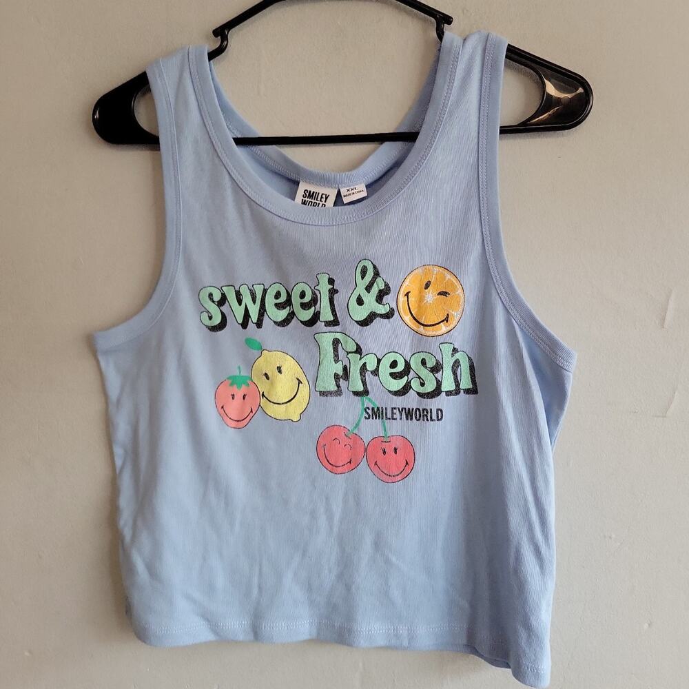 NEW women's junior XXL 2X Smiley World tank top graphic print fruit blue